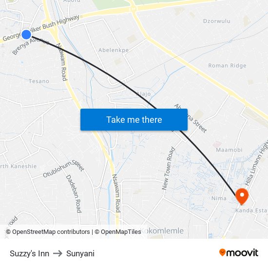 Suzzy's Inn to Sunyani map
