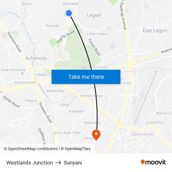 Westlands Junction to Sunyani map