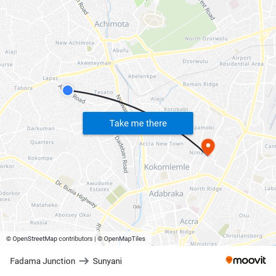 Fadama Junction to Sunyani map