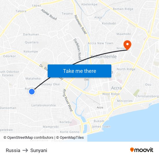 Russia to Sunyani map