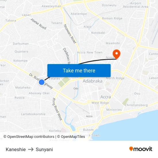 Kaneshie to Sunyani map