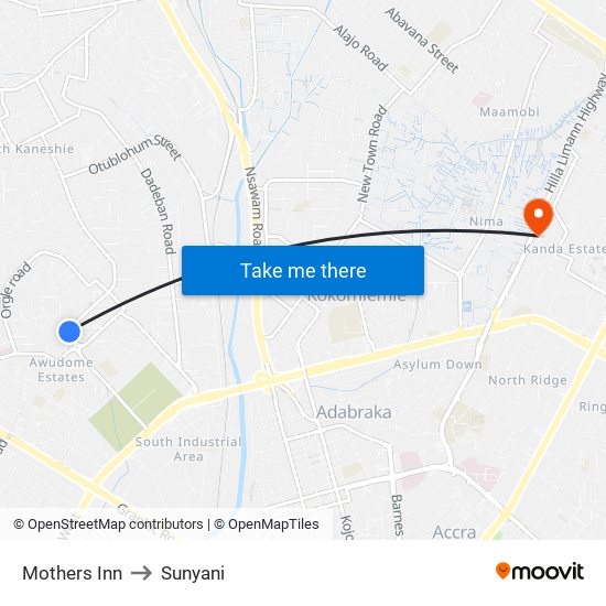 Mothers Inn to Sunyani map