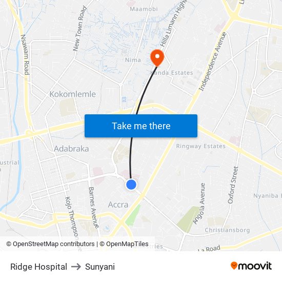 Ridge Hospital to Sunyani map