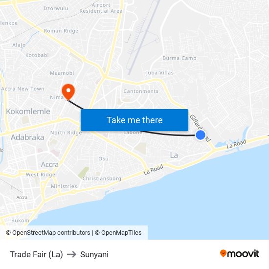 Trade Fair (La) to Sunyani map