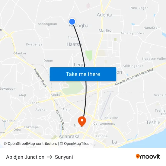 Abidjan Junction to Sunyani map