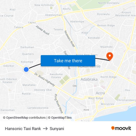 Hansonic Taxi Rank to Sunyani map