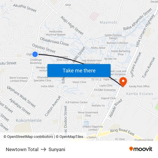 Newtown Total to Sunyani map