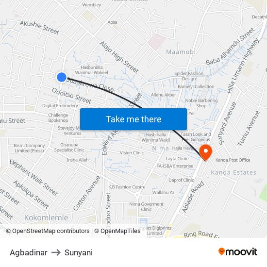 Agbadinar to Sunyani map