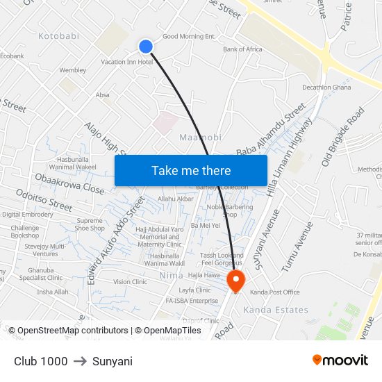 Club 1000 to Sunyani map