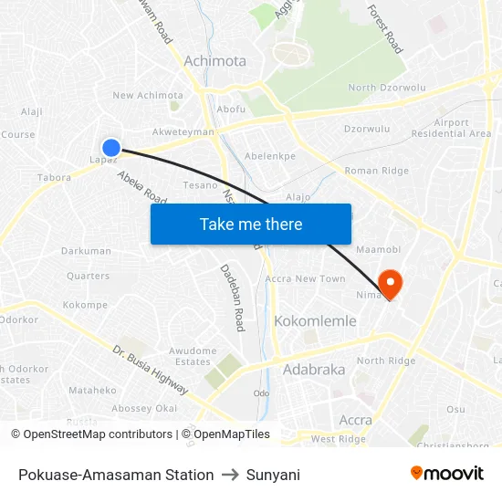 Pokuase-Amasaman Station to Sunyani map