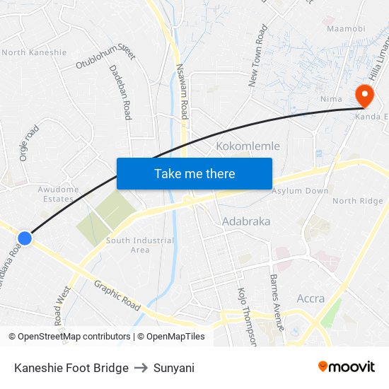 Kaneshie Foot Bridge to Sunyani map
