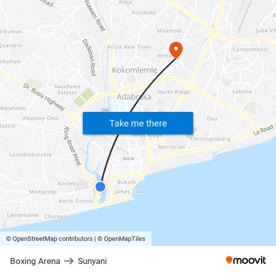 Boxing Arena to Sunyani map