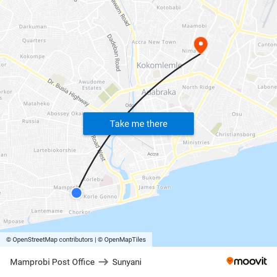 Mamprobi Post Office to Sunyani map