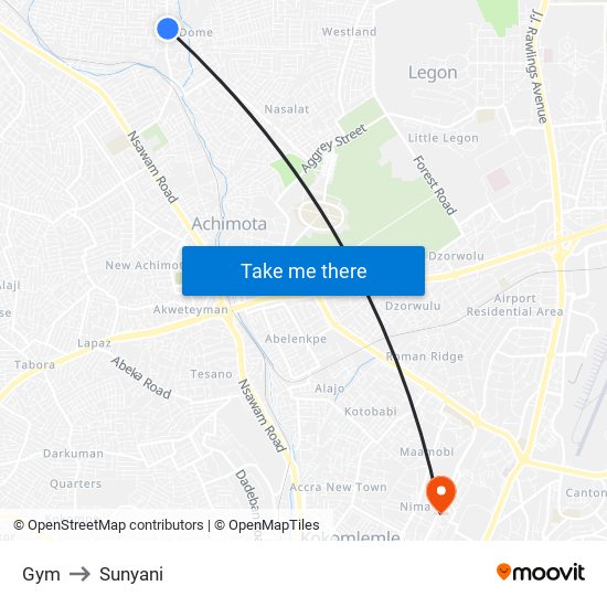 Gym to Sunyani map