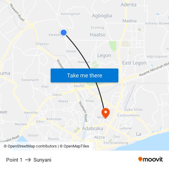 Point 1 to Sunyani map