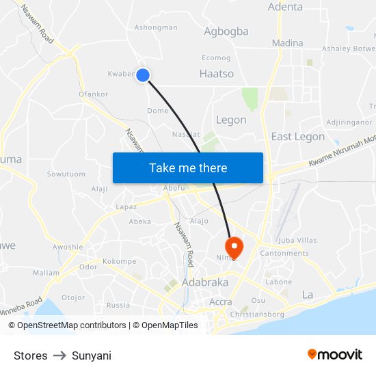 Stores to Sunyani map