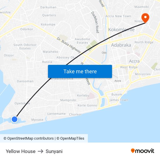 Yellow House to Sunyani map