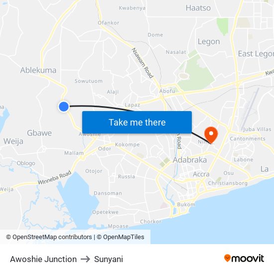 Awoshie Junction to Sunyani map