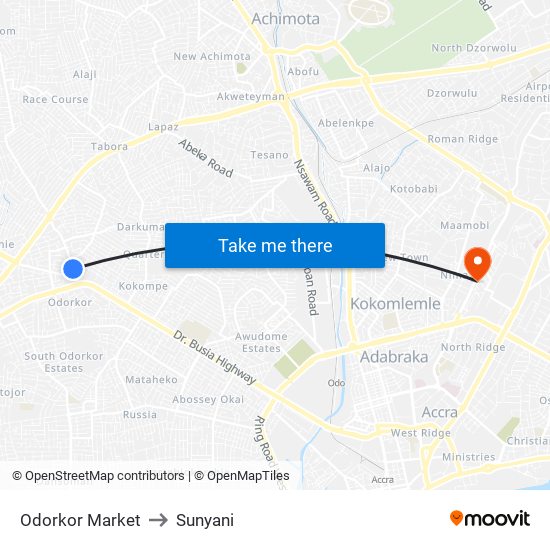 Odorkor Market to Sunyani map