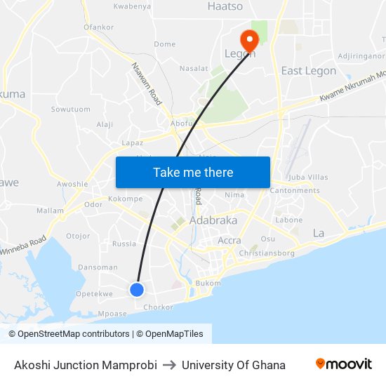 Akoshi Junction Mamprobi to University Of Ghana map