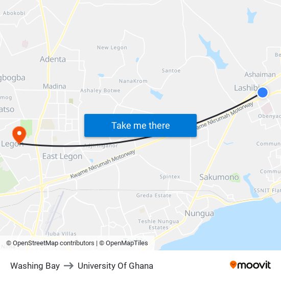 Washing Bay to University Of Ghana map