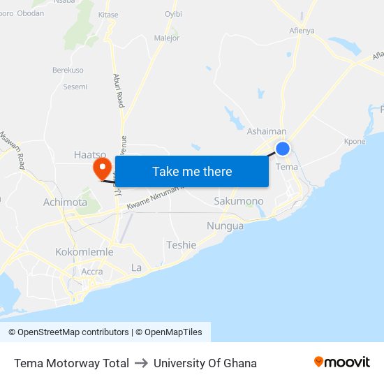 Tema Motorway Total to University Of Ghana map