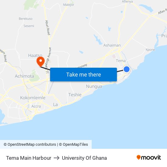 Tema Main Harbour to University Of Ghana map