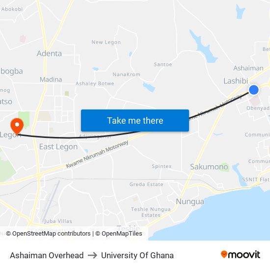 Ashaiman Overhead to University Of Ghana map