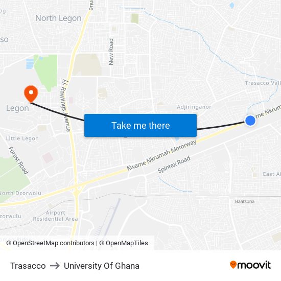 Trasacco to University Of Ghana map