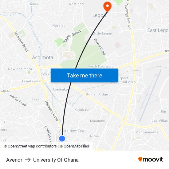 Avenor to University Of Ghana map