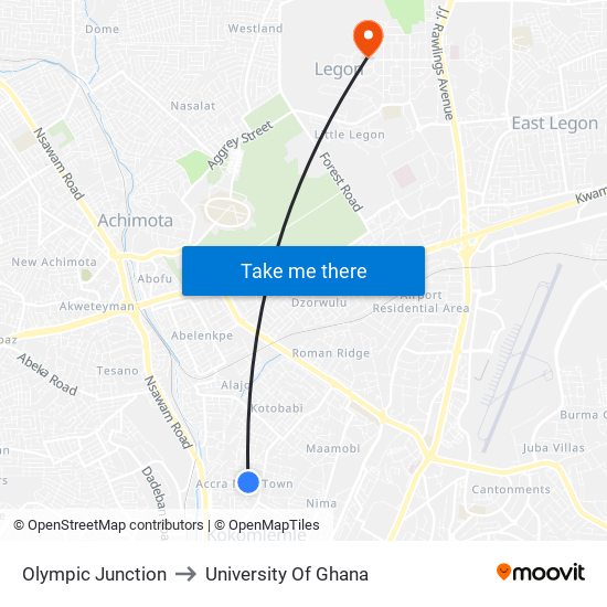 Olympic Junction to University Of Ghana map
