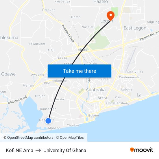 Kofi NE Ama to University Of Ghana map