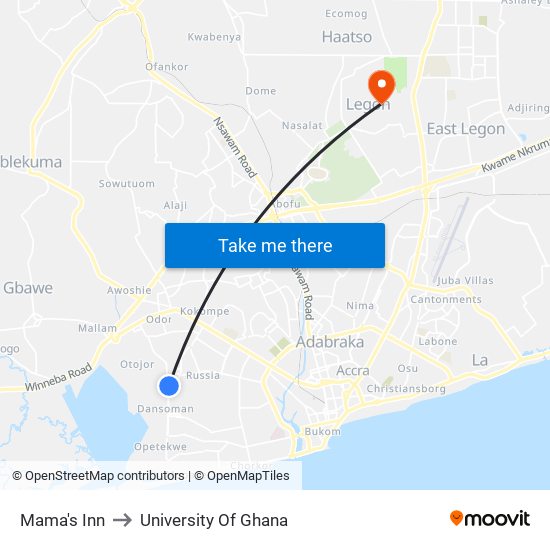 Mama's Inn to University Of Ghana map