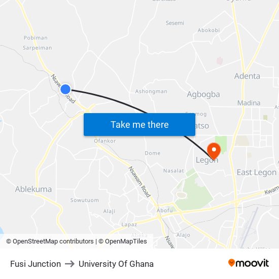Fusi Junction to University Of Ghana map