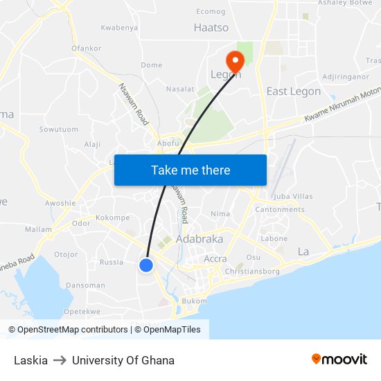 Laskia to University Of Ghana map