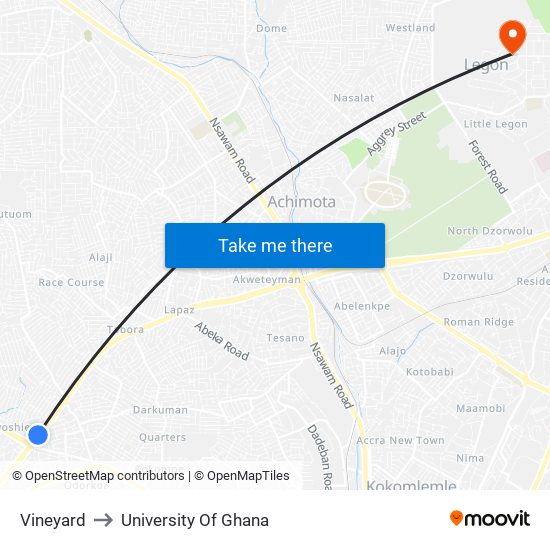 Vineyard to University Of Ghana map