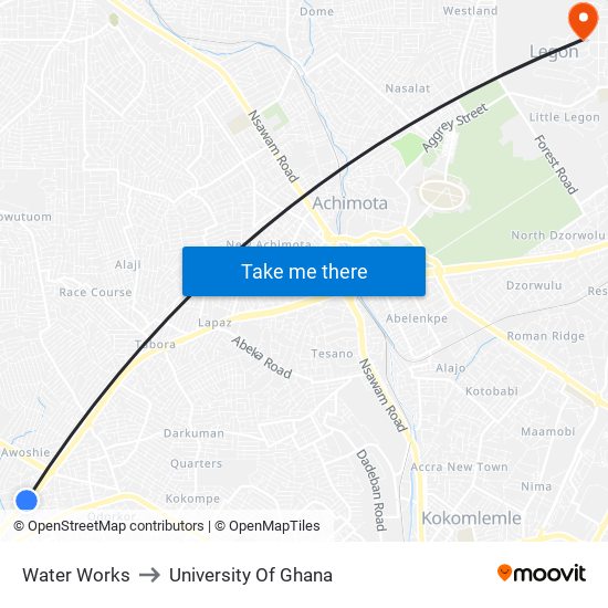 Water Works to University Of Ghana map