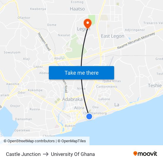 Castle Junction to University Of Ghana map