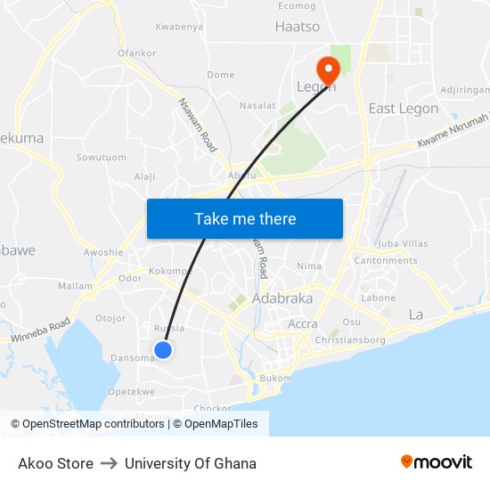 Akoo Store to University Of Ghana map