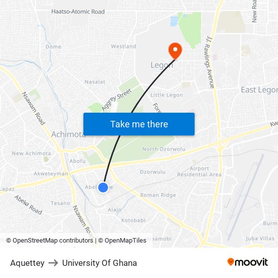 Aquettey to University Of Ghana map