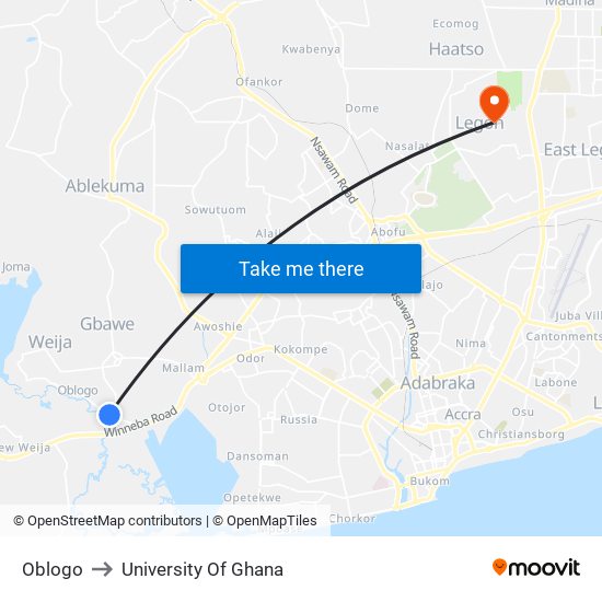 Oblogo to University Of Ghana map