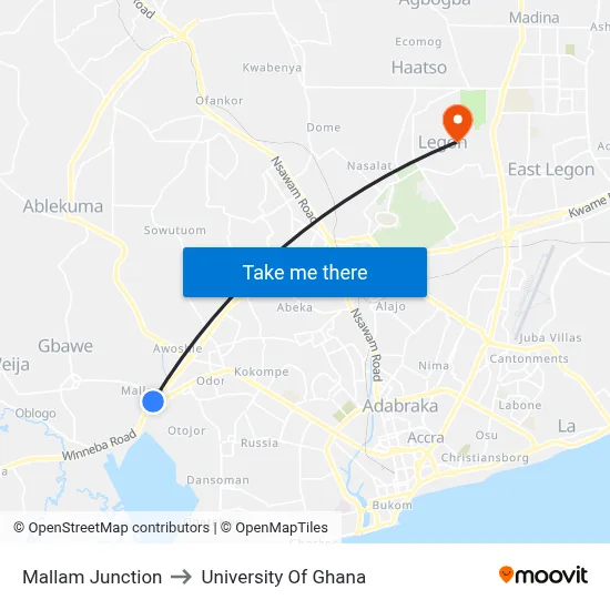Mallam Junction to University Of Ghana map