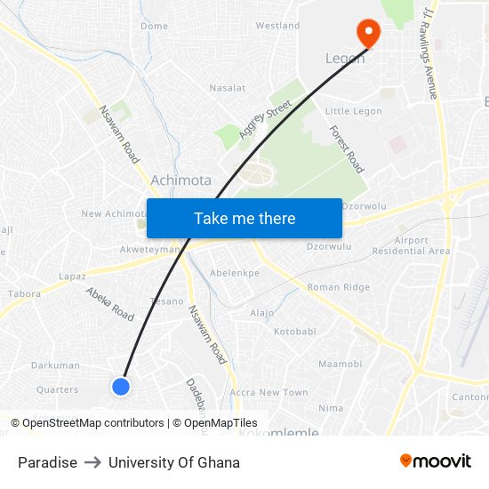 Paradise to University Of Ghana map