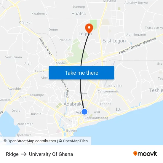 Ridge to University Of Ghana map