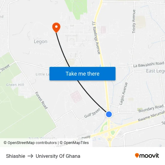 Shiashie to University Of Ghana map