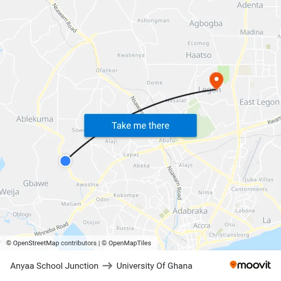Anyaa School Junction to University Of Ghana map