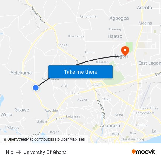 Nic to University Of Ghana map