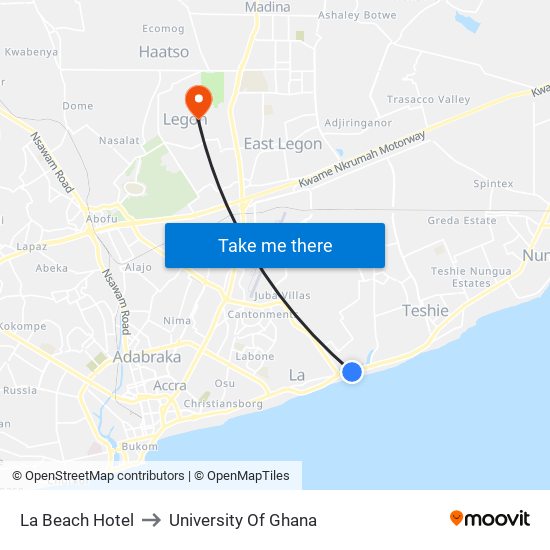 La Beach Hotel to University Of Ghana map