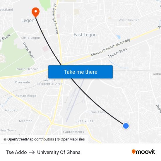 Tse Addo to University Of Ghana map