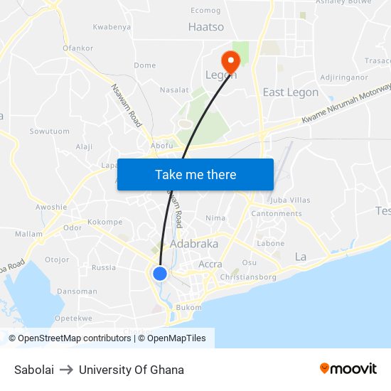 Sabolai to University Of Ghana map